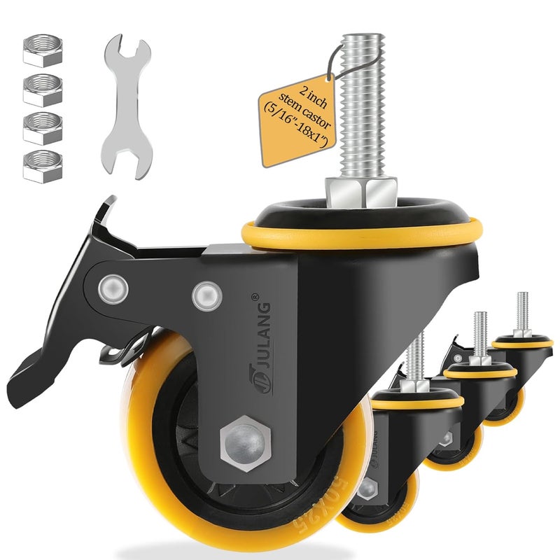 Julang 2 Iinch Caster Wheels 5/16 Threaded Stem Castors Sets 4, Swivel & Daul Locking Casters for Wire Shelving(Orange, 5/16"-18x1) - Image 1